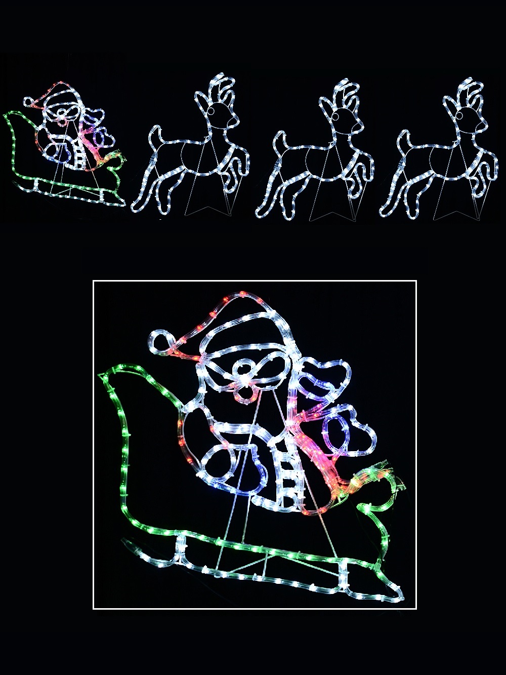Santa & Sleigh With 3 Reindeers LED Christmas Light Display Silhouette