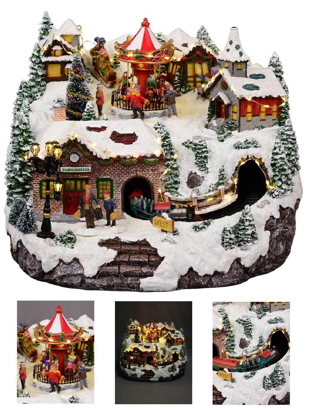 Northern Winter Christmas Village Scene With Rotating Train & Carousel -  26cm | Ornaments | Buy online from The Christmas Warehouse