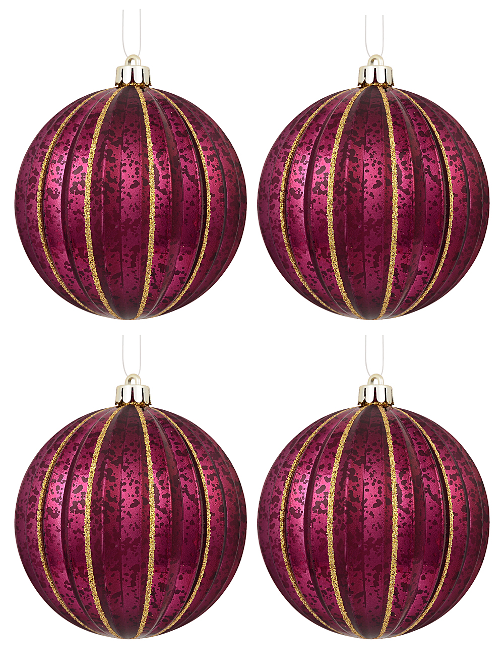 Matte & Shiny Burgundy Baubles With Antique Finish & Glitter Lines 4 X 10cm Christmas