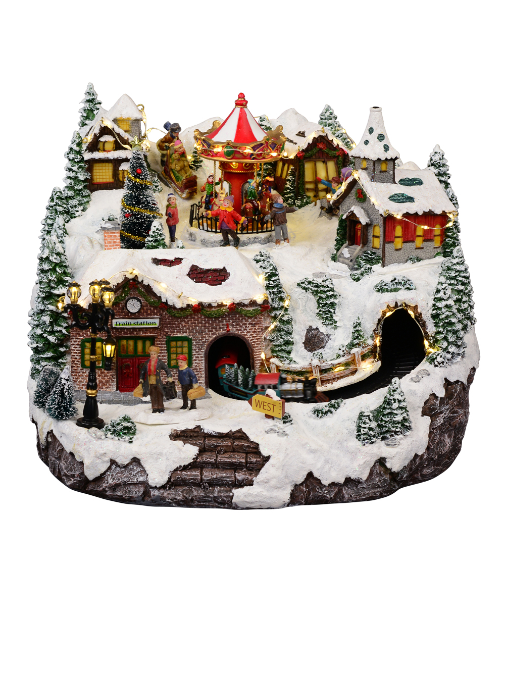 Northern Winter Christmas Village Scene With Rotating Train & Carousel -  26cm | Ornaments | Buy online from The Christmas Warehouse
