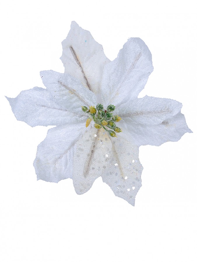 White Sequin & Fabric Petal Poinsettia Decorative Christmas Floral Pick - 14cm