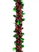 Red Ribbon Look & Green Holly Leaf Christmas Tinsel Garland - 2.7m