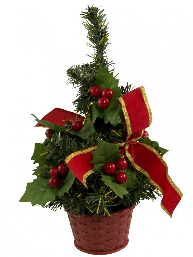 Decorated Red Bow Potted Table Top Tree - 25cm