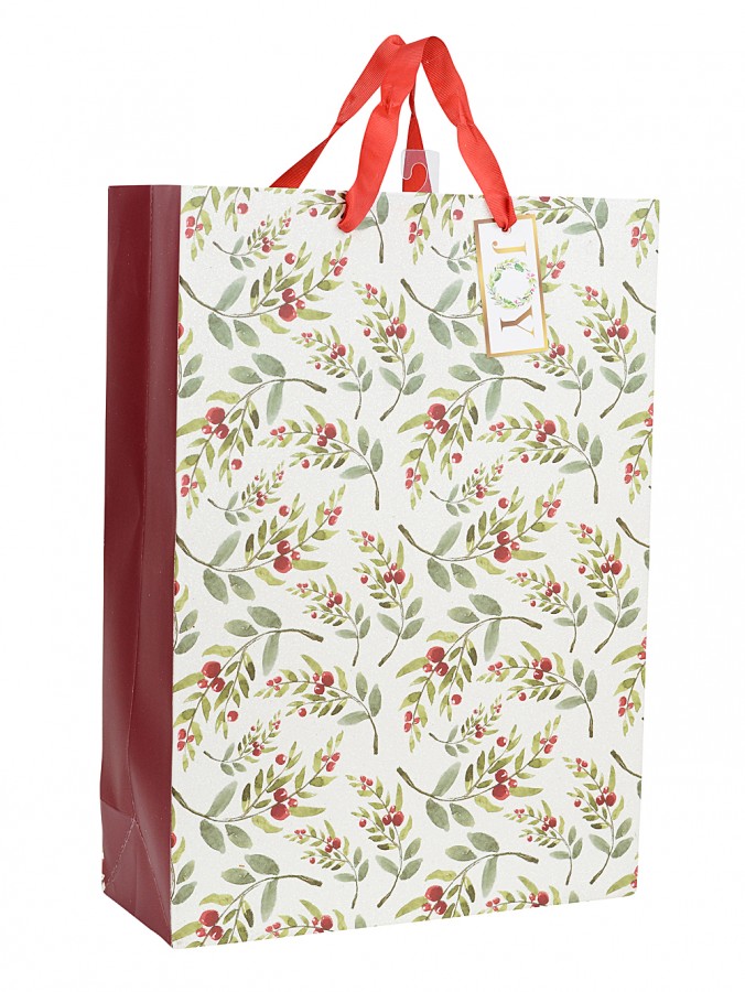 Large Ivory Gift Bag With Christmas Berry Branches Print