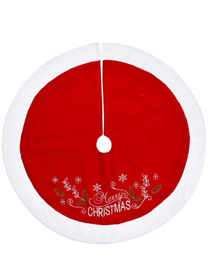 Red Fleece Christmas Tree Skirt With White Border & Embroidered Patterns - 1m 