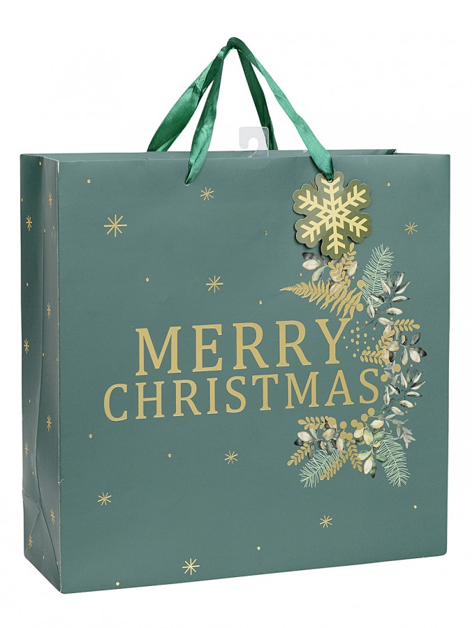 Large Green Gift Bag With Gold Merry Christmas & Mixed Foliage Print