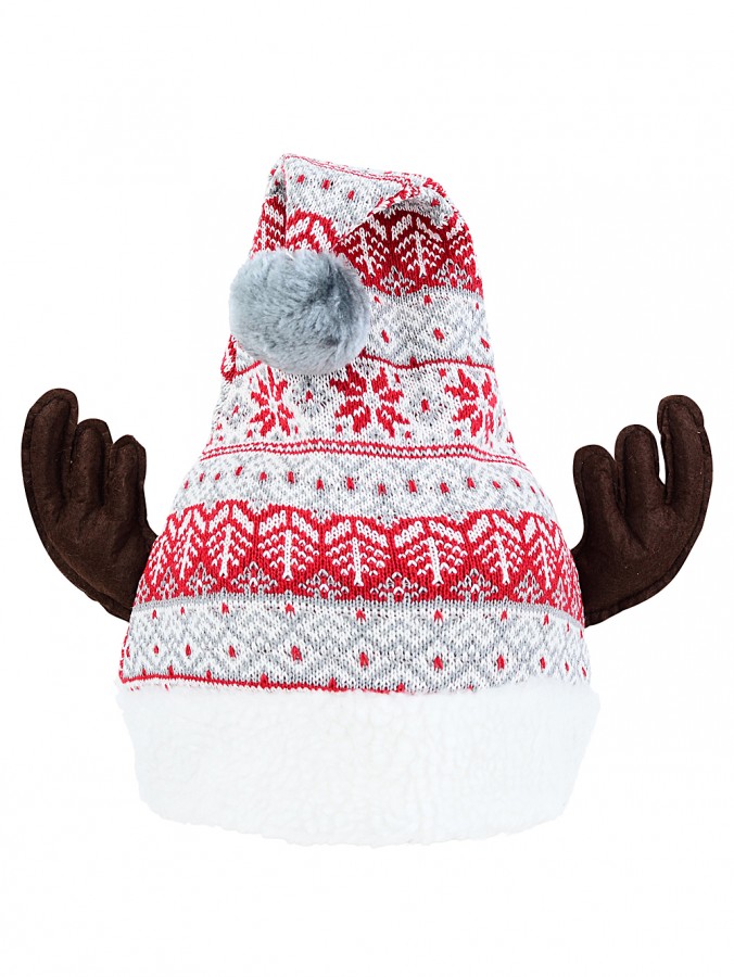 Grey, White & Red Knitted Sweater Look Santa Hat & Antlers - One Size Fits Most