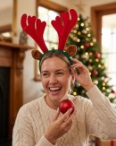 Novelty Reindeer Antlers Headband With Cute Ears & Bell - One Size Fits Most