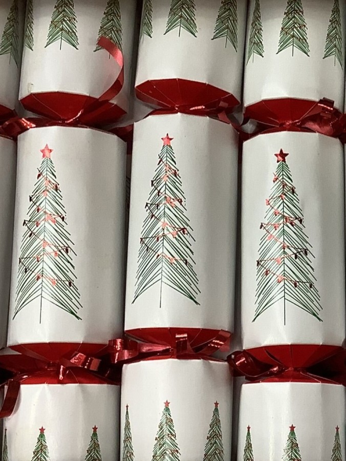 Green Trees With Red Pattern On White Christmas Cracker Bon Bons - 50 x 30cm