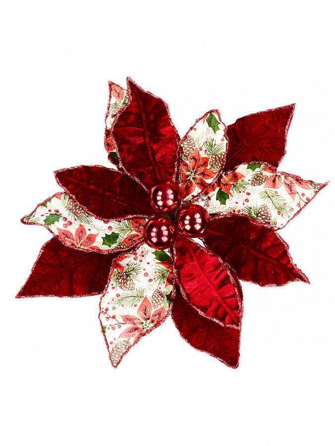 Red & Foliage Print Fabric With Glitter & Baubles Poinsettia Clip Pick - 38cm Wide