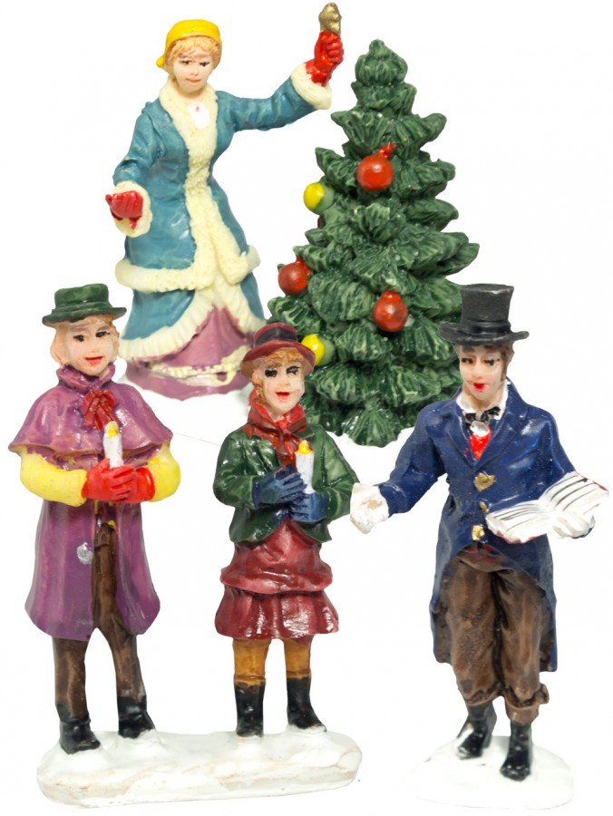 Carol Singing Family & Christmas Tree Figurine - 3 pieces
