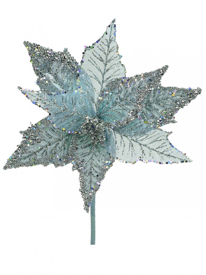 Luxe Blue Glittered Poinsettia Decorative Christmas Floral Pick - 22cm
