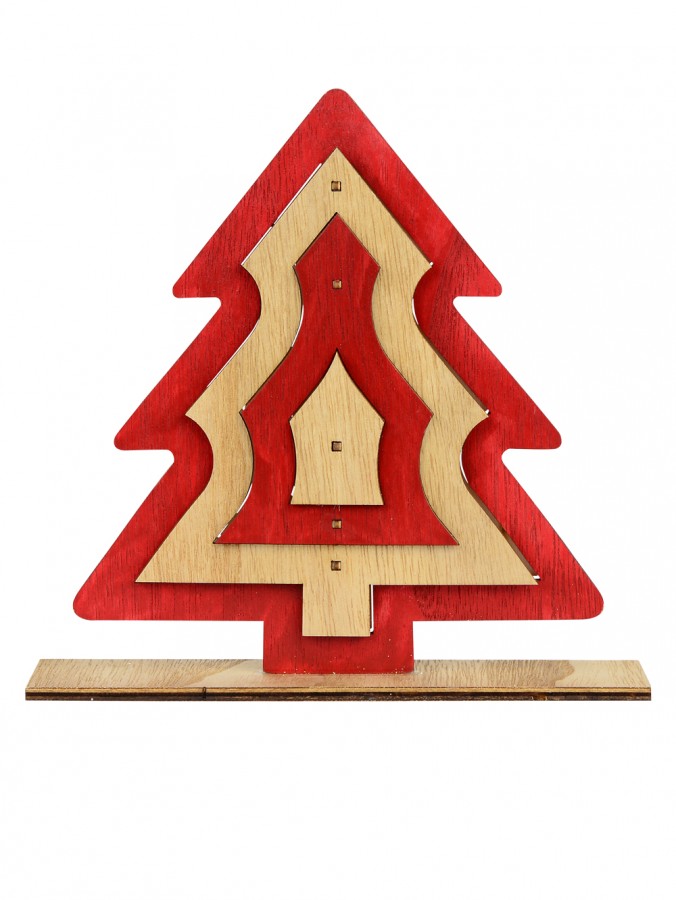 Red & Natural Wooden Christmas Tree Ornament - 21cm