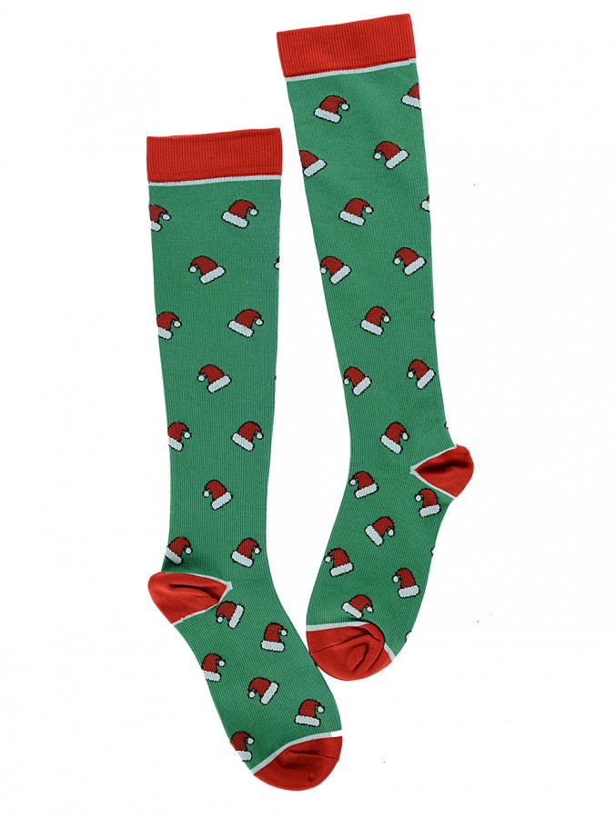 Santa Hats Pattern Design Green Long Christmas Socks - One Size Fits Most