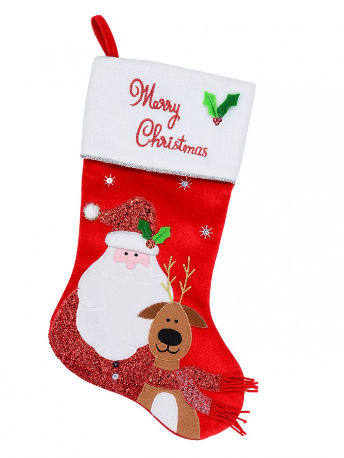 Santa & Reindeer Applique With Font & Holly Velvet Christmas Stocking - 48cm