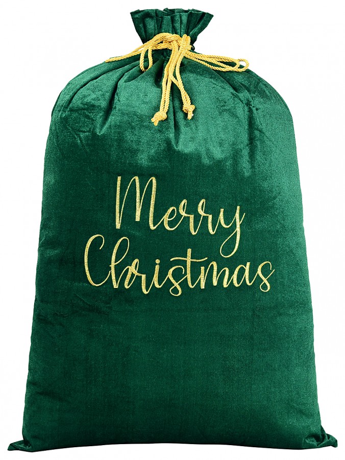 88cm Large Dark Green Velvet Merry Christmas Gold Embroidered Santa Sack