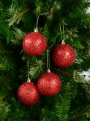 Red Metallic Sequins & Glitter Coated Christmas Bauble Decorations - 4 x 80mm