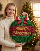 43cm Red & Green Decorated Merry Christmas Bauble Tinsel Plaque Ornament