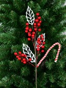 64cm Red Berries, White Leaves & A Candy Cane Spray Long Christmas Stem