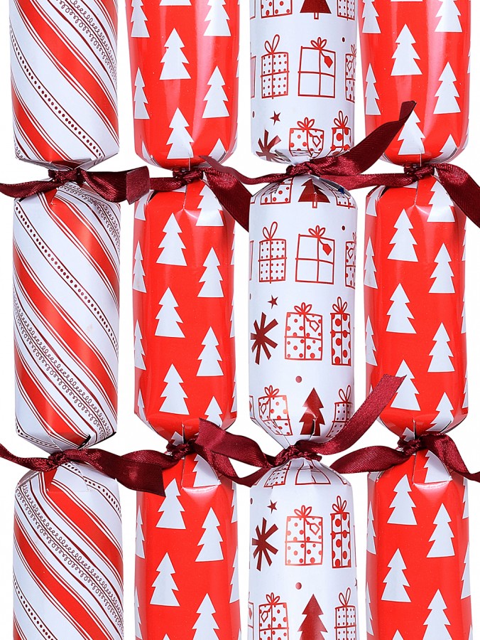 White & Red With Stripes, Trees & Gifts Christmas Cracker Bon Bons - 12 x 25cm