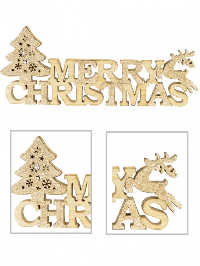 Natural Wood Merry Christmas with Champagne Glittered Tree & Deer - 35cm