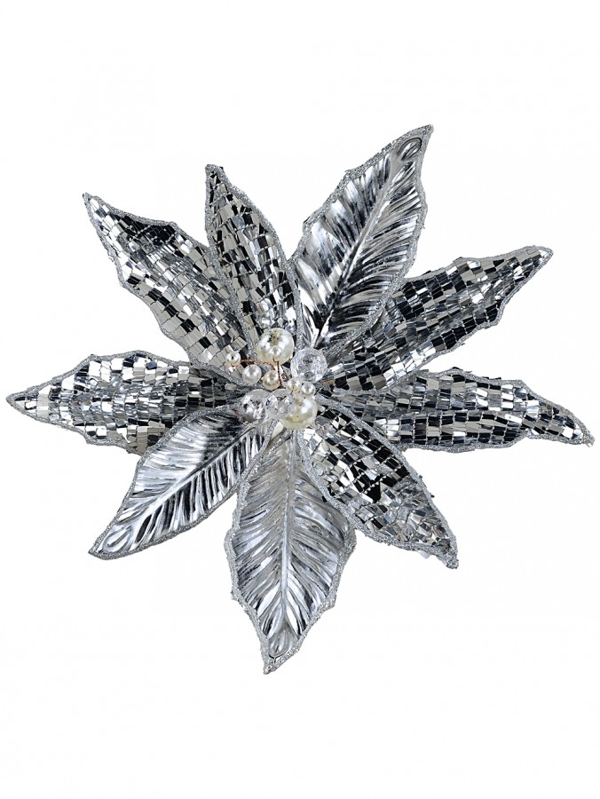 Metallic Silver Disco Sequin & Pearl Poinsettia Christmas Clip Stem | 30cm