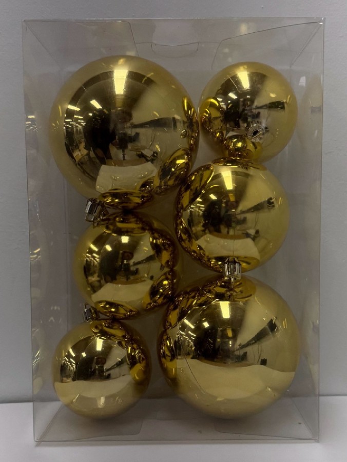 6x Shiny Gold Whimsical Mixed Size Ball Baubles | 70mm, 80mm & 10cm