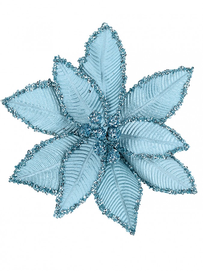 Turquoise Velour & Sequins Poinsettia Christmas Flower Clip Pick - 25cm Wide