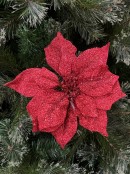 28cm Red Glitter Poinsettia Flower With Sequins Christmas Tree Clip Pick