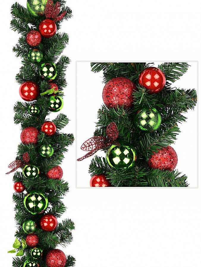 Red & Green Traditional Garland With Baubles & Striped Ribbon - 2.7m