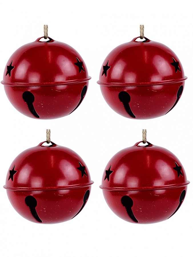 Red Metal Functioning Christmas Jingle Bell Bauble Decorations - 4 x 80mm