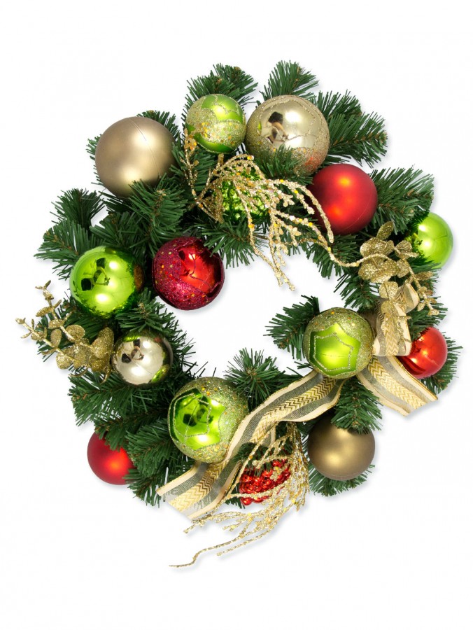Pre-Decorated Red, Green & Gold Bauble & Pine Wreath - 38cm