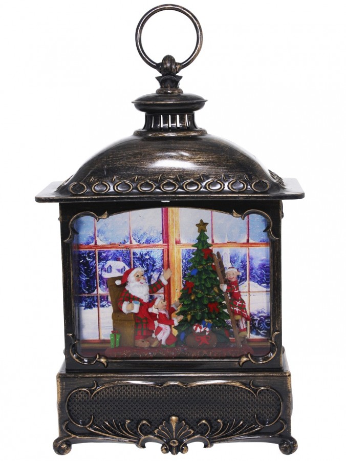 Santa At Home Scene Christmas Wood Stove Look Musical Lantern Snow Globe - 27cm