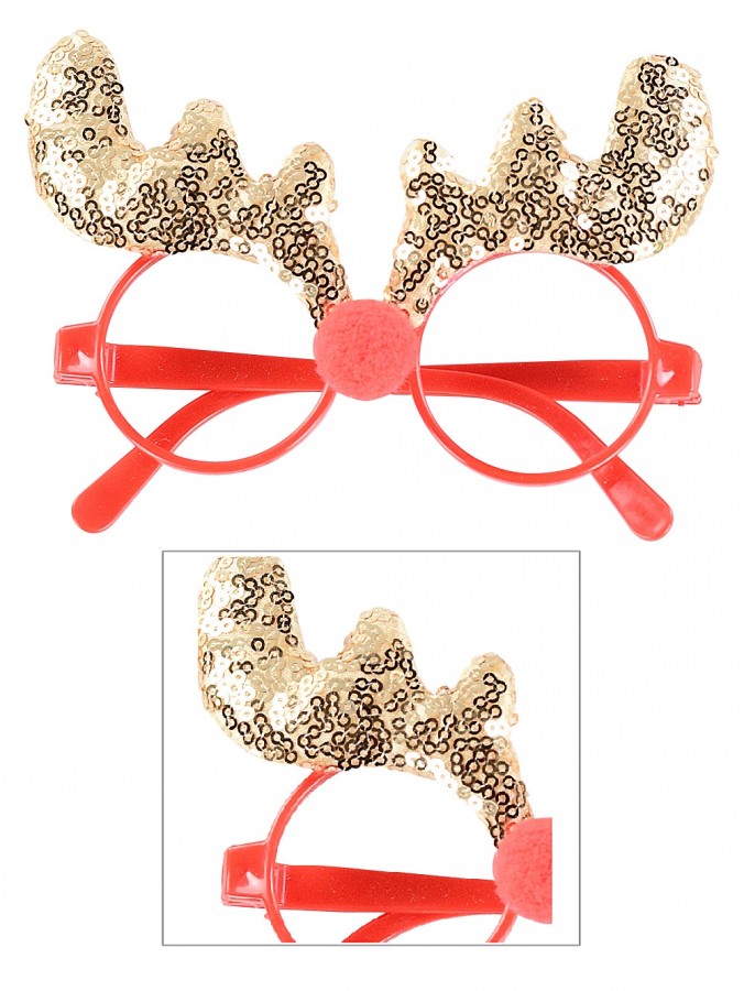 Gold Sequin Deer Antlers & Red Nose Fun Novelty Glasses - One Size Fits Most