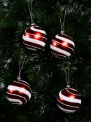 Candy Apple Red Baubles With Silver Glitter White Swirl Pattern - 4 x 80mm