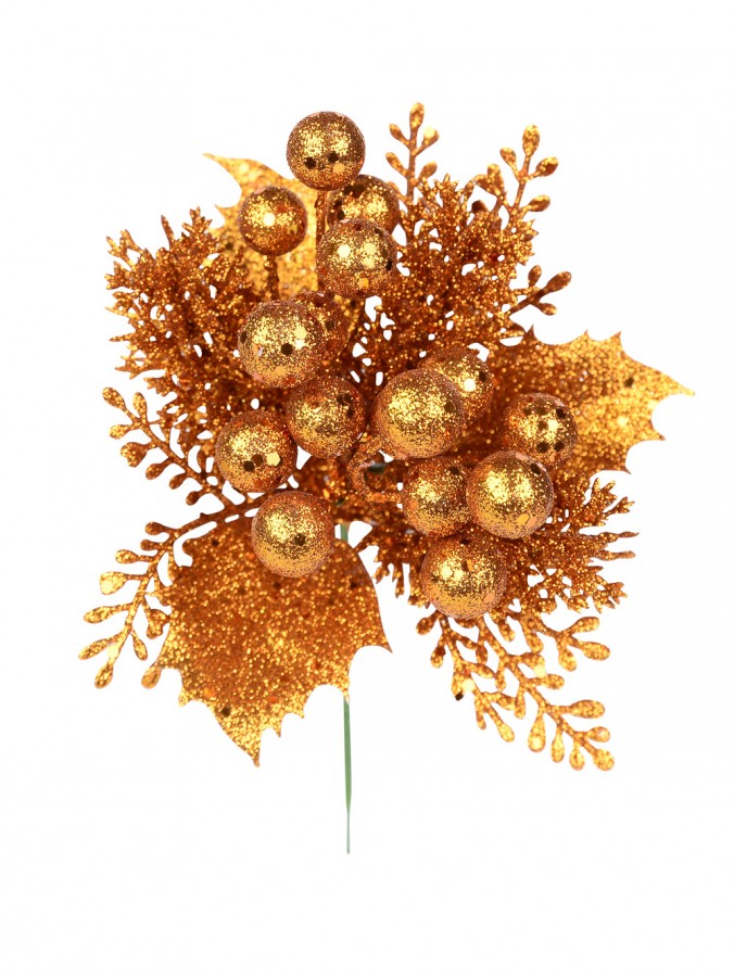 Copper Glitter Pick with Holly Leaves, Branches & Berries - 20cm