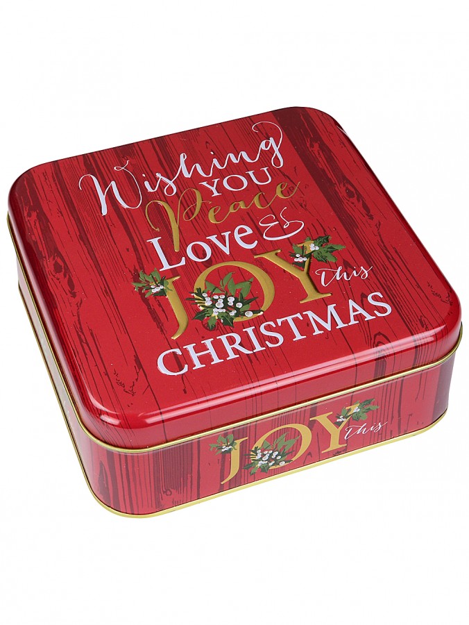 17cm Rustic Red Timber Look Christmas Cookie Tin | Festive Metal Gift Box