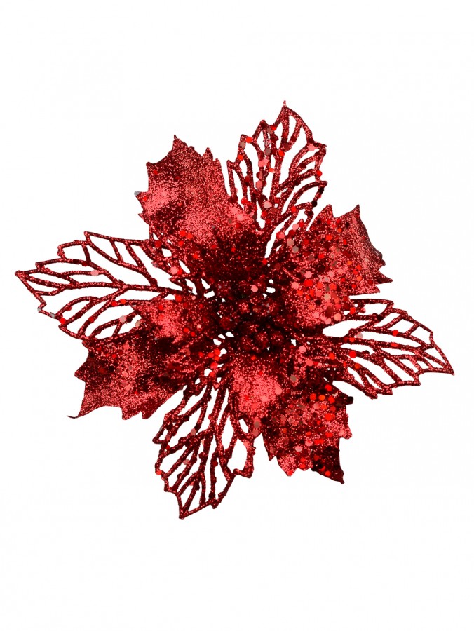 Red Glitter Petal & Leaf Poinsettia Decorative Christmas Flower Pick - 18cm