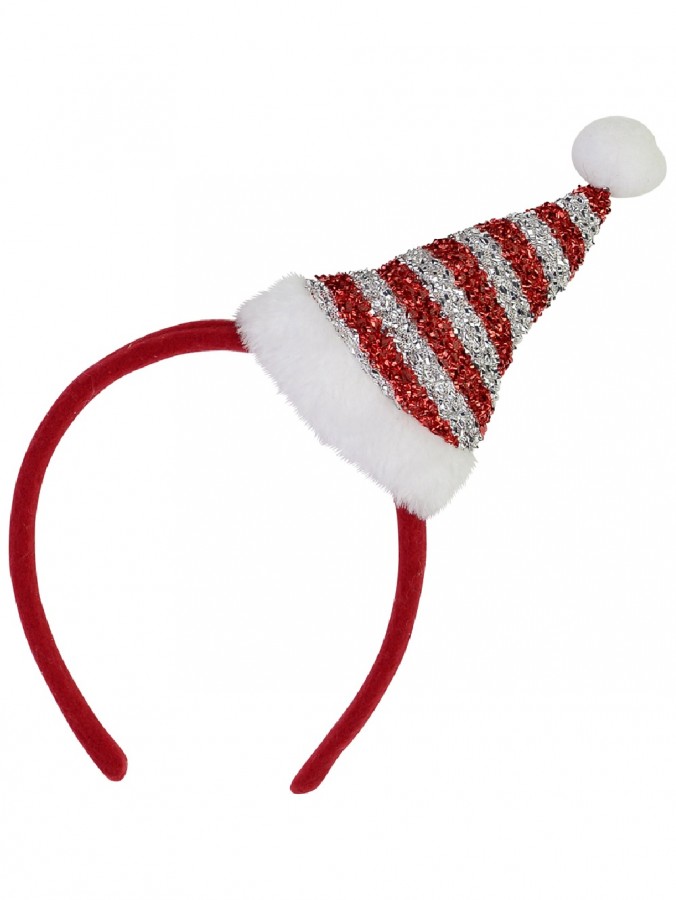 Red Christmas Headband With Red & Silver Santa Hat With White Trim - 26cm