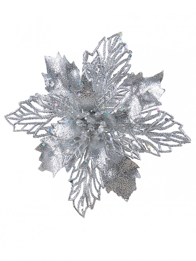 Silver Glittered Petal & Leaf Poinsettia Decorative Christmas Flower Pick - 18cm