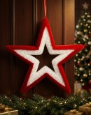 50cm Red & White Flocked Large Hollow Christmas Star Tinsel Plaque Ornament