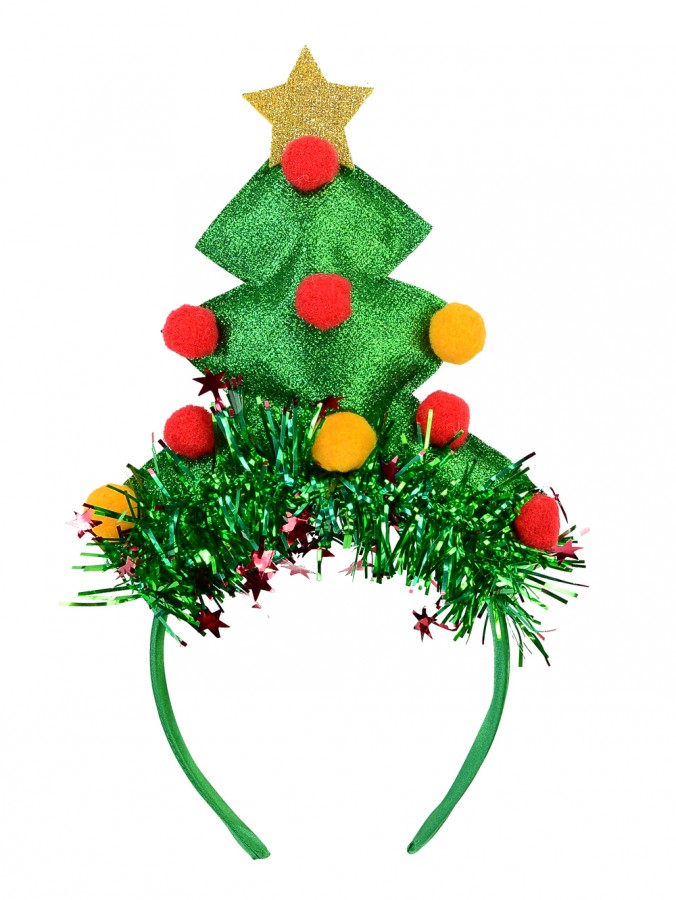 Decorated Green Christmas Tree Headband With Tinsel - 17cm | Santa Hats ...