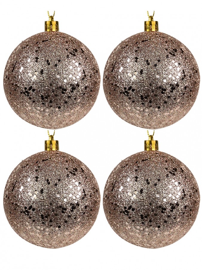 Rose Gold Metallic Sequins & Glitter Coated Christmas Baubles - 4 x 80mm