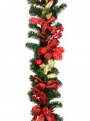 Decorated Red Bauble, Berry & Poinsettia & Gold Leaf Pine Garland - 1.8m