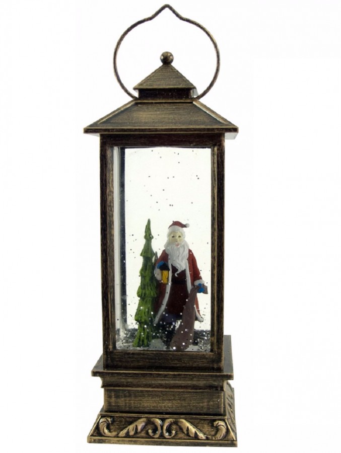 Santa & Tree In Lantern Snow Globe Ornament - 27cm