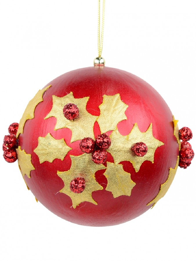 Gold Antique Holly Red Bauble Christmas Tree Hanging Decoration - 11cm