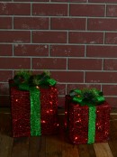 Glittered Red Mesh 3D Gift Boxes With Bow & Warm White LED Lights - 30cm