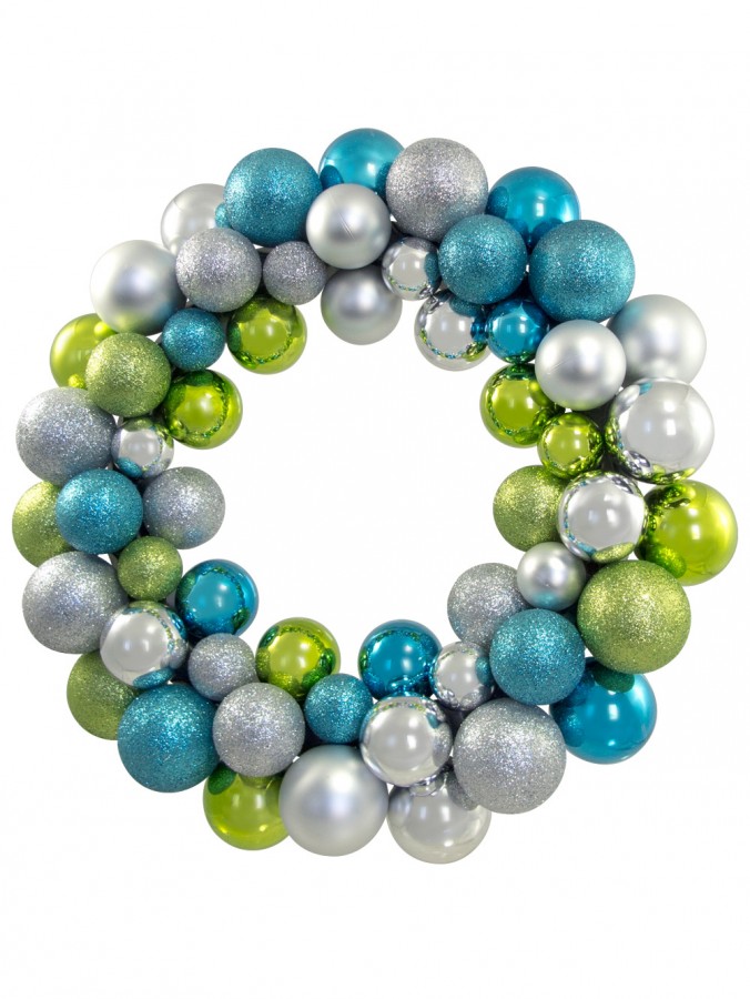 Silver, Turquoise & Lime Bauble Wreath - 35cm