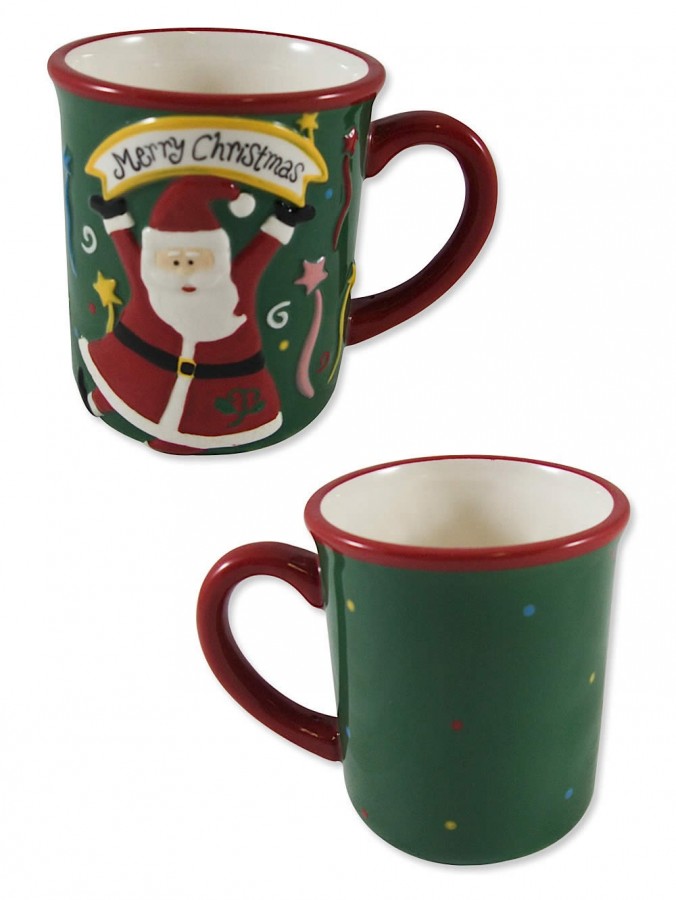 Green & Red Ceramic Christmas Dining Mug With Santa Design - 14cm