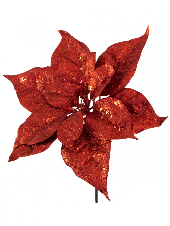 Red Sequin & Glitter Poinsettia Decorative Pick - 26cm